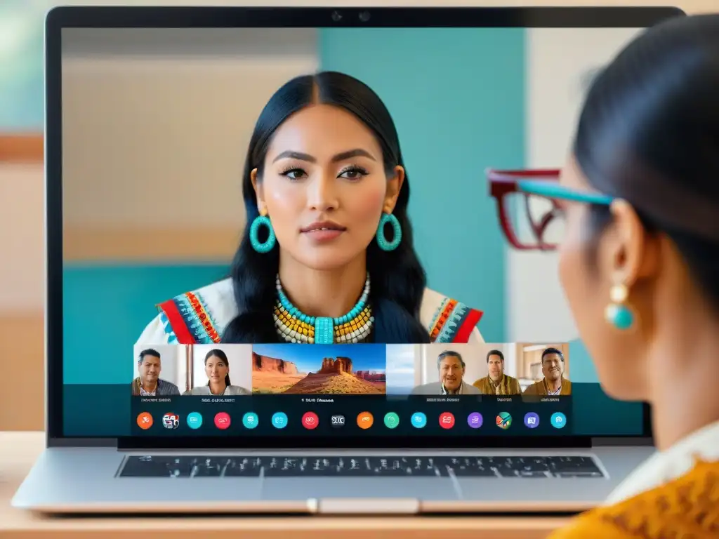 Cursos de navajo online para aprender: Instructora navaja enseña a estudiantes diversos en lección virtual de idioma