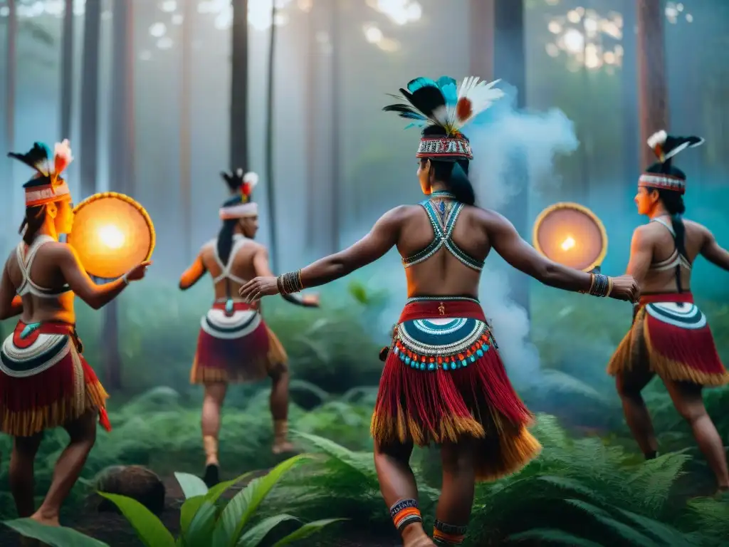 Danza ceremonial indígena al atardecer en un bosque, revelando la conexión espiritual con la naturaleza