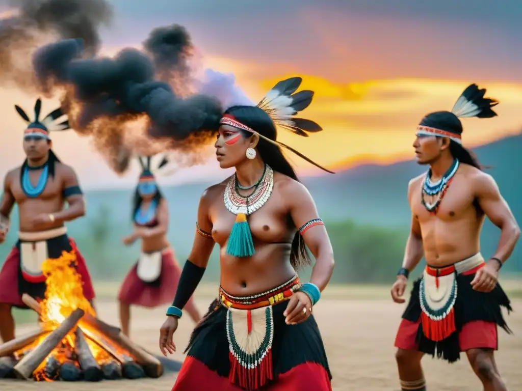 Danza en ceremonias de iniciación: Indígenas danzando al atardecer, envueltos en tradicionales trajes vibrantes junto a una fogata