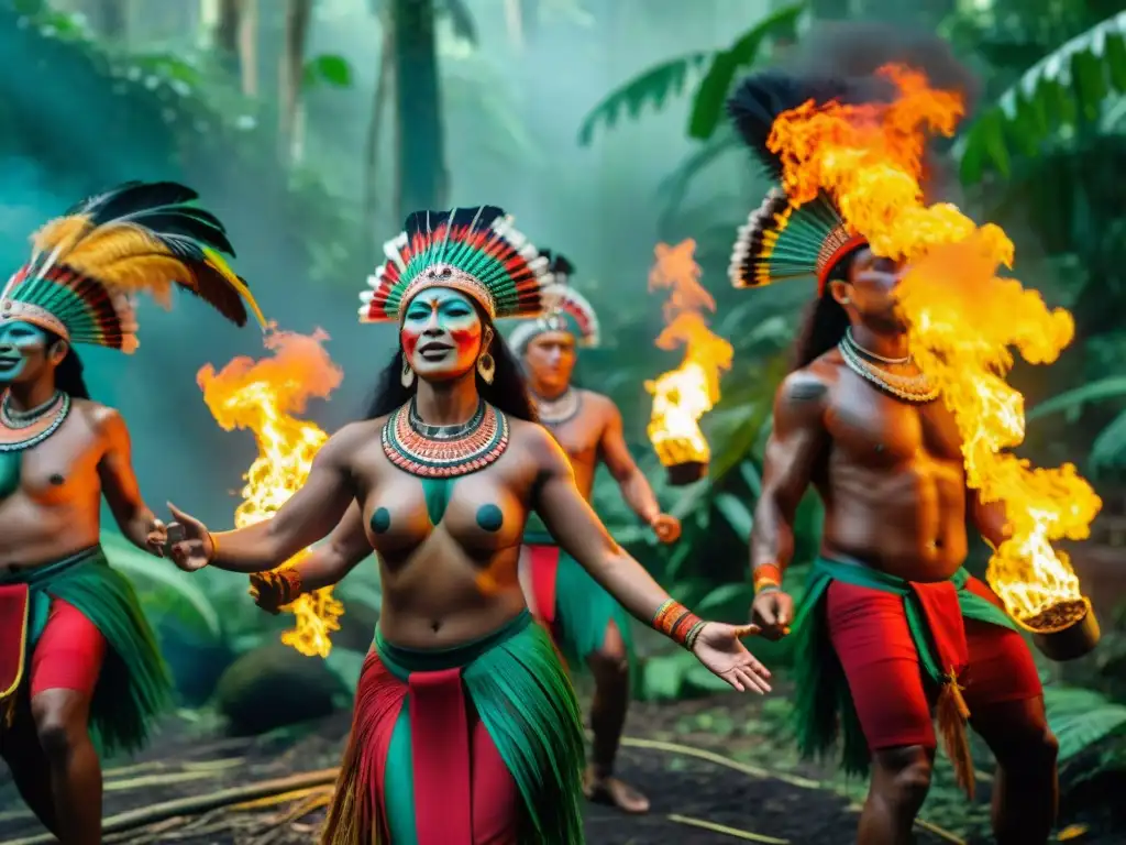 Danza del Fuego en culturas indígenas: Grupo amazónico danzando alrededor de una fogata en la selva, con atuendos tradicionales vibrantes y pinturas corporales, inmersos en la ritual ancestral