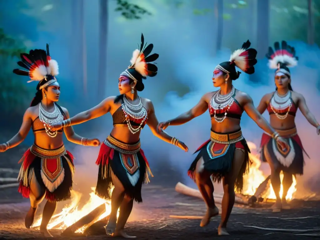 Danza de los Espíritus: Grupo de bailarines indígenas en trajes tradicionales danzando alrededor de una fogata en la noche, en un claro del bosque