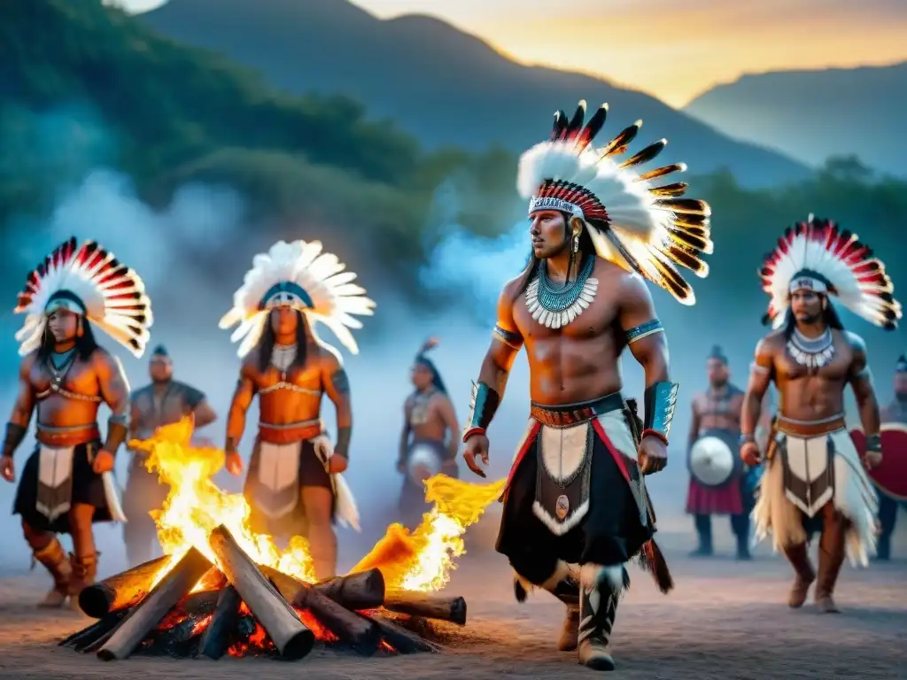 Una danza de los Guerreros indígenas al atardecer, con trajes ceremoniales y movimientos poderosos alrededor de una hoguera