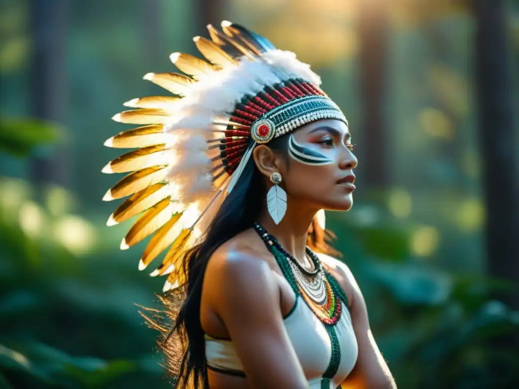 Danza indígena en bosque al atardecer: conexión mística Danza indígena como expresión cultural: Bailarín en traje tradicional entre la exuberante vegetación al atardecer, con pintura corporal y tocado de plumas, bajo la cálida luz dorada que crea una atmósfera serena y mística