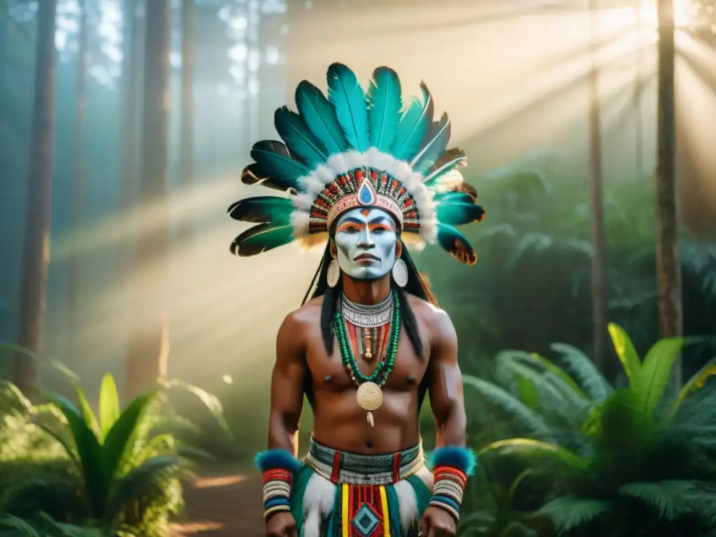 Una danza indígena como expresión cultural: ceremonia ancestral en el bosque con vestimenta colorida y movimientos sagrados al atardecer