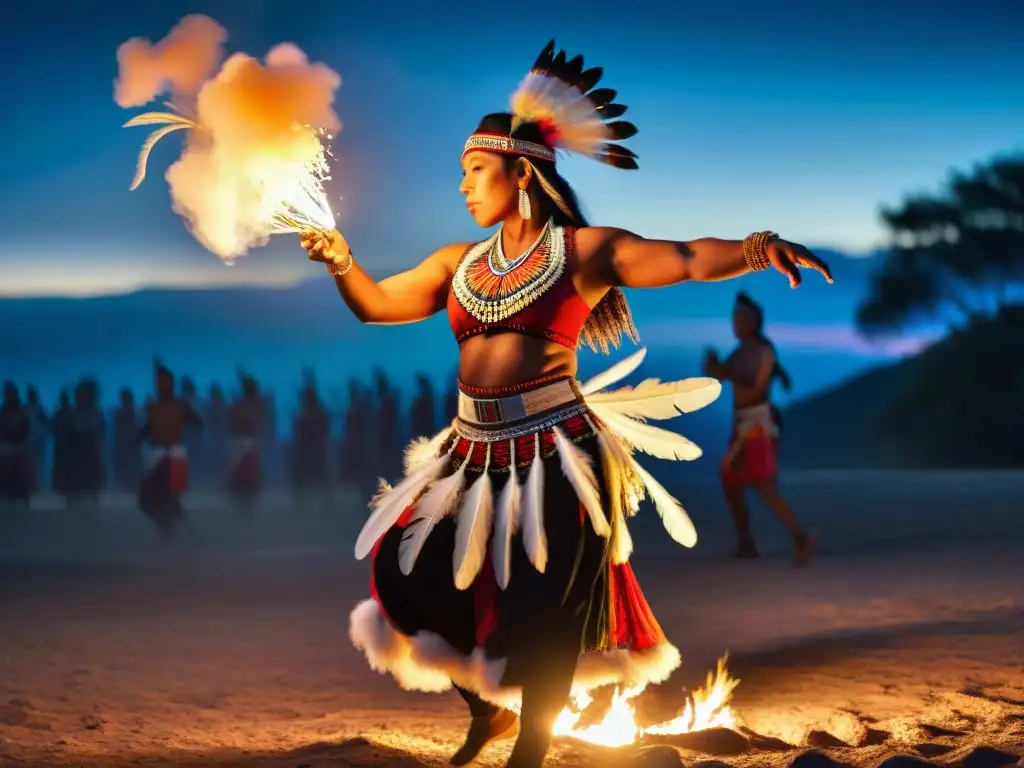 Danza indígena como expresión cultural: baile ceremonial alrededor del fuego nocturno, con trajes coloridos y movimientos llenos de gracia y fuerza