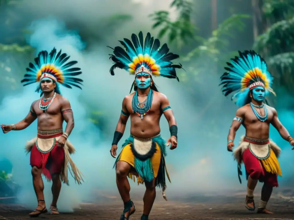 Baile ancestral: Salto vibrante de danza indígena en la selva Danza indígena como expresión cultural: Grupo de bailarines en salto dinámico durante ceremonia, atuendos y pinturas tradicionales destacan