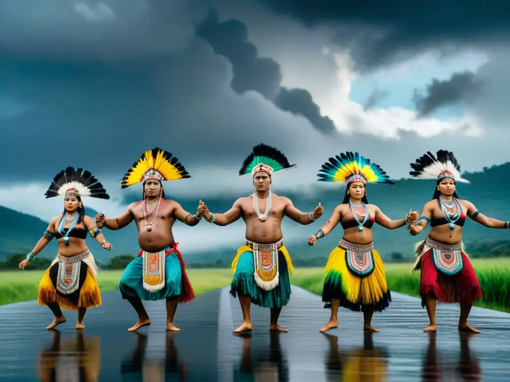 Una danza de la lluvia indígena: coloridos trajes, movimientos ancestrales y un cielo dramático cargado de nubes de lluvia