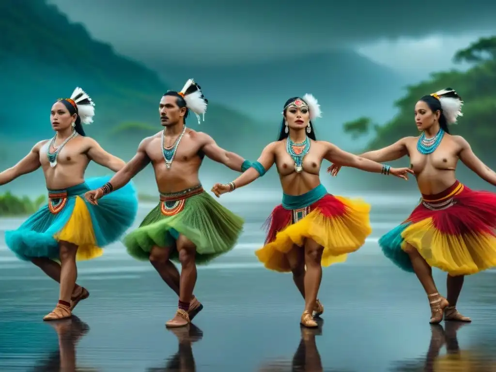 Danza de la Lluvia indígena: grupo de bailarines en trajes tradicionales realizando el ritual bajo la lluvia intensa