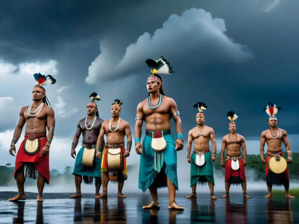 Danza de la lluvia indígena: tribus realizan ritual bajo un cielo tormentoso lleno de nubes dramáticas, danzando con gracia y conexión espiritual