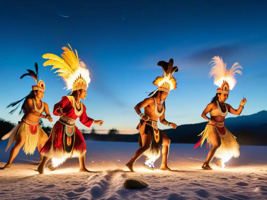 Danza y música en culturas indígenas: Grupo de bailarines indígenas en vibrantes trajes tradicionales alrededor de una fogata bajo un cielo estrellado