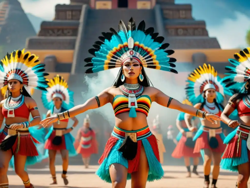 Danza precolombina de Aztecas con vibrante vestimenta en plaza ceremonial, transmitiendo cosmovisión indígena