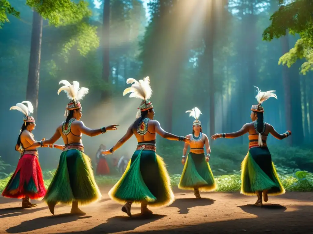 Una danza sagrada de los espíritus representada por indígenas en un claro del bosque