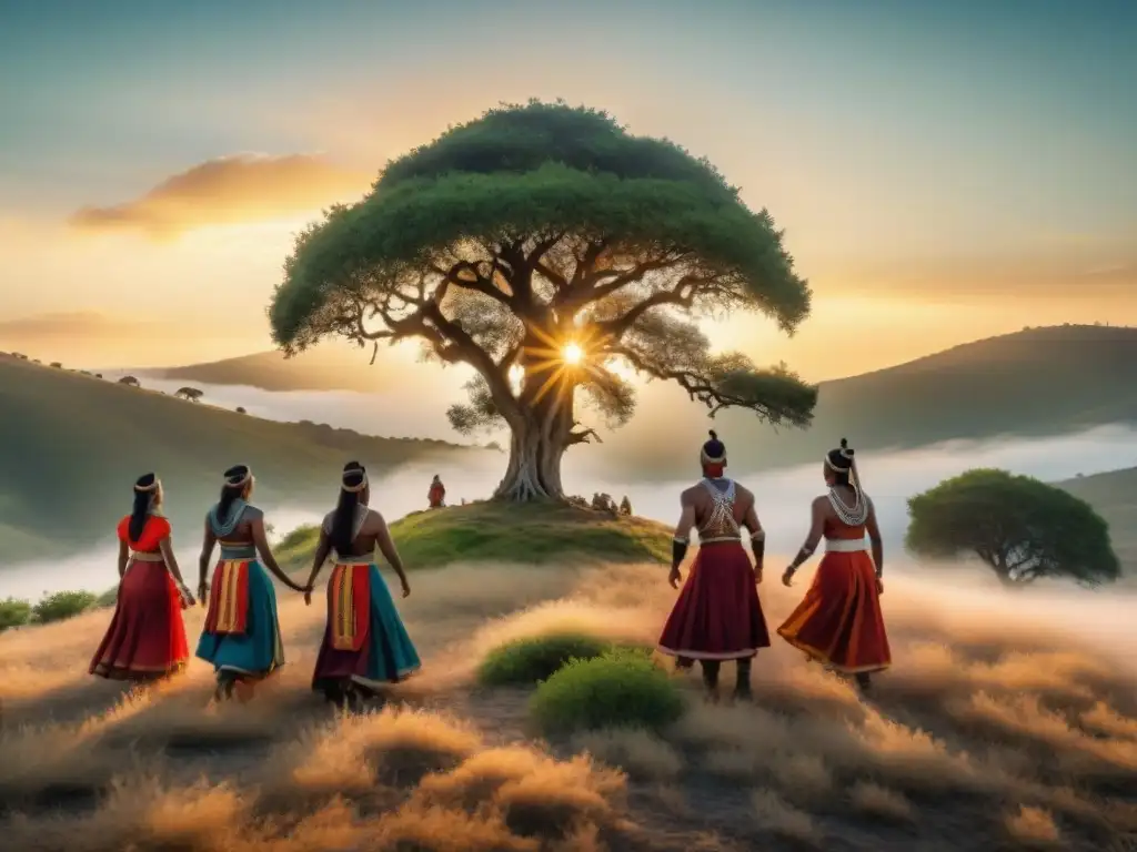 Danza del Sol: Indígenas danzando al amanecer, conectados espiritualmente con la naturaleza