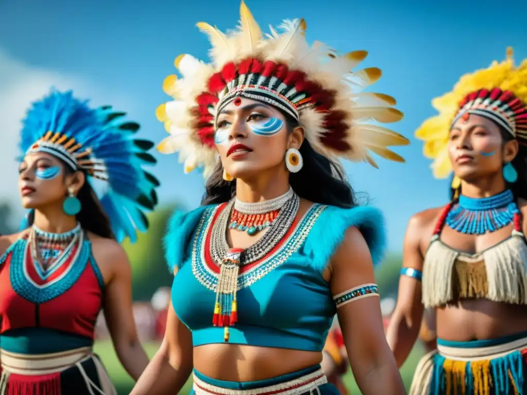 Danza tradicional de culturas indígenas de América profunda, con trajes vibrantes y movimientos gráciles bajo el cielo azul