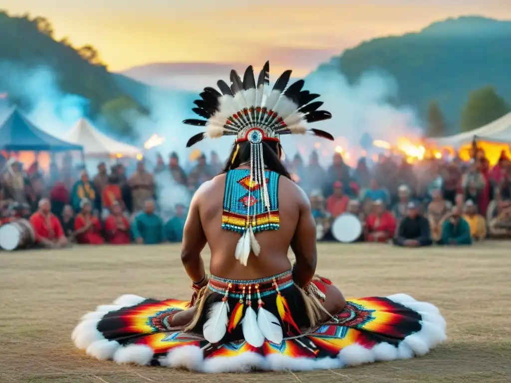 Danza tradicional en festivales indígenas contemporáneos América, con plumas y beadwork vibrante al atardecer