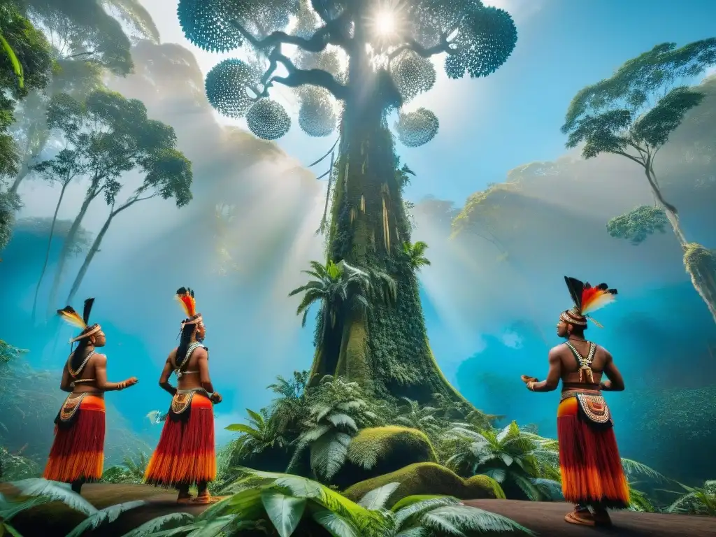 Danza indígena vibrante con instrumentos tradicionales en exuberante selva