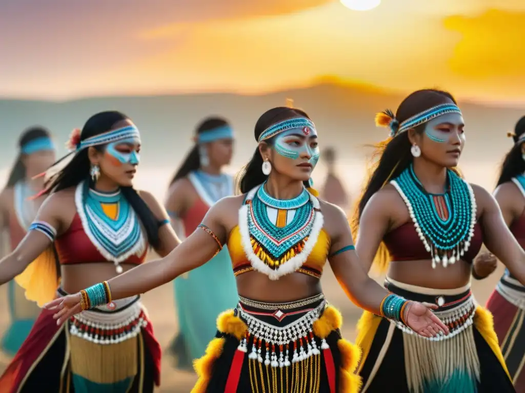 Danzantes indígenas ejecutan la Danza del Sol con significado espiritual, vestidos de colores vibrantes y rostros decorados