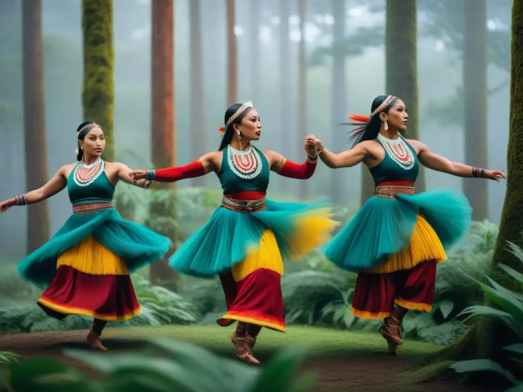 Danzantes indígenas en trajes tradicionales ejecutando un baile ancestral en la naturaleza