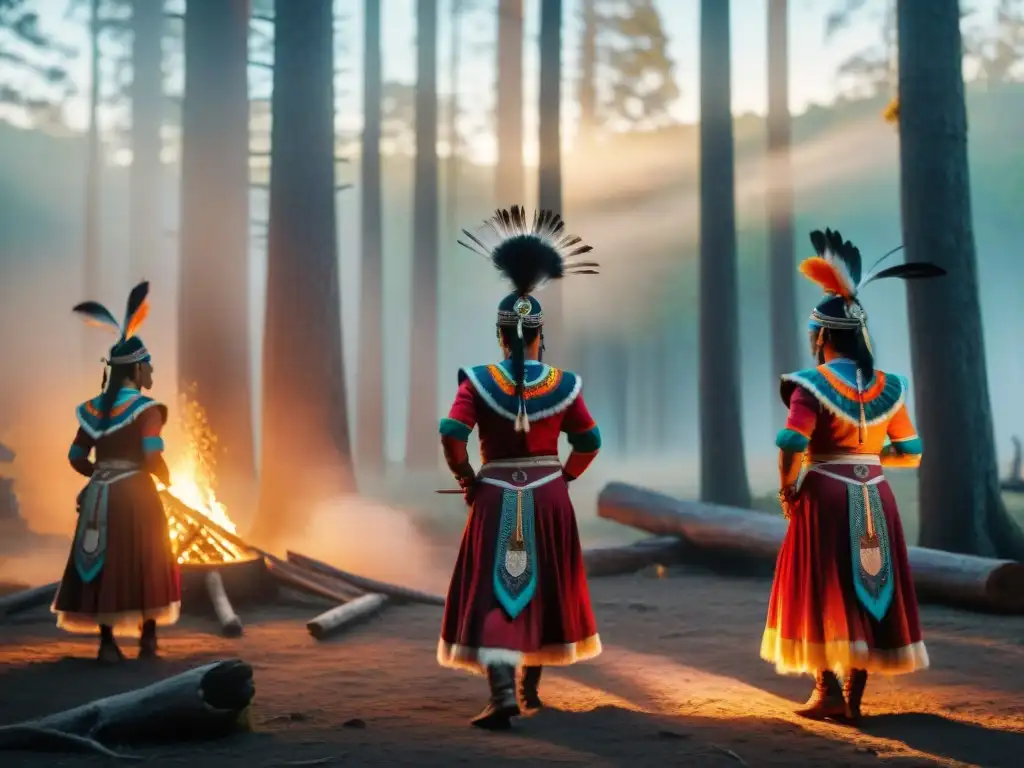 Danzas ceremoniales de culturas indígenas: Grupo de bailarines en vestimenta tradicional, rostros pintados, danzando al atardecer en un bosque místico con antorchas