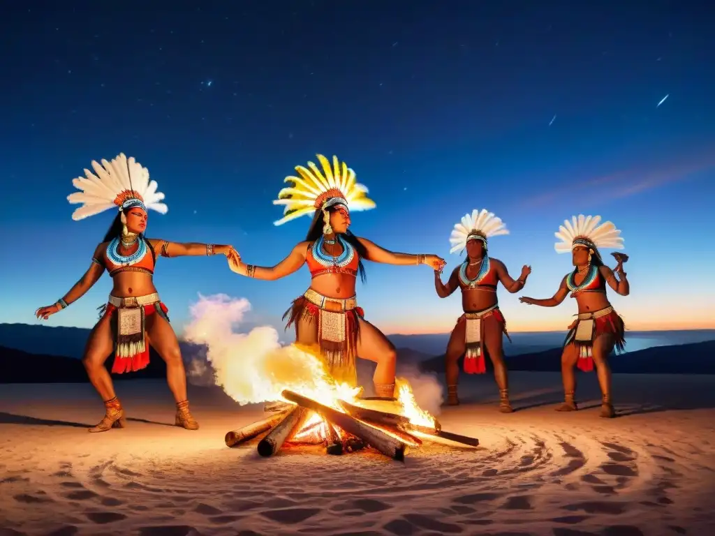 Danzas ceremoniales de culturas indígenas: Grupo de bailarines en atuendos vibrantes danzando alrededor de una fogata bajo el cielo nocturno