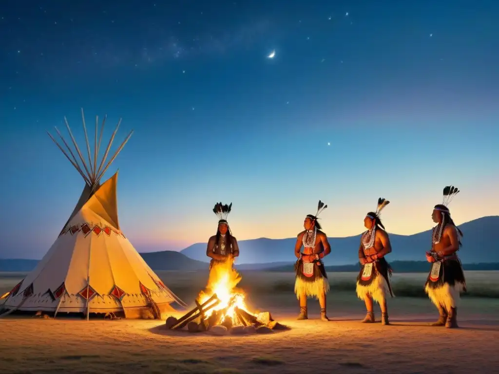 Danzas espirituales de la tribu Sioux alrededor de la fogata en la noche estrellada de Dakota del Sur