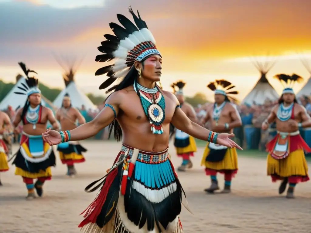 Danzas espirituales tribus Sioux en un powwow al atardecer, con regalos tradicionales y espectadores admirando