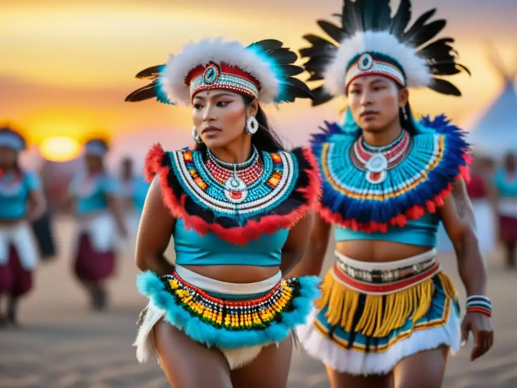 Danzas indígenas siglo XXI: Grupo de bailarines con trajes tradicionales coloridos en movimiento, celebrando su herencia cultural al atardecer