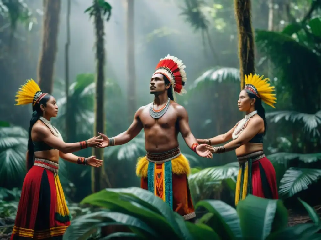 Danzas indígenas prohibidas resurgimiento: grupo bailarines indígenas en la selva realizando ritual ancestral