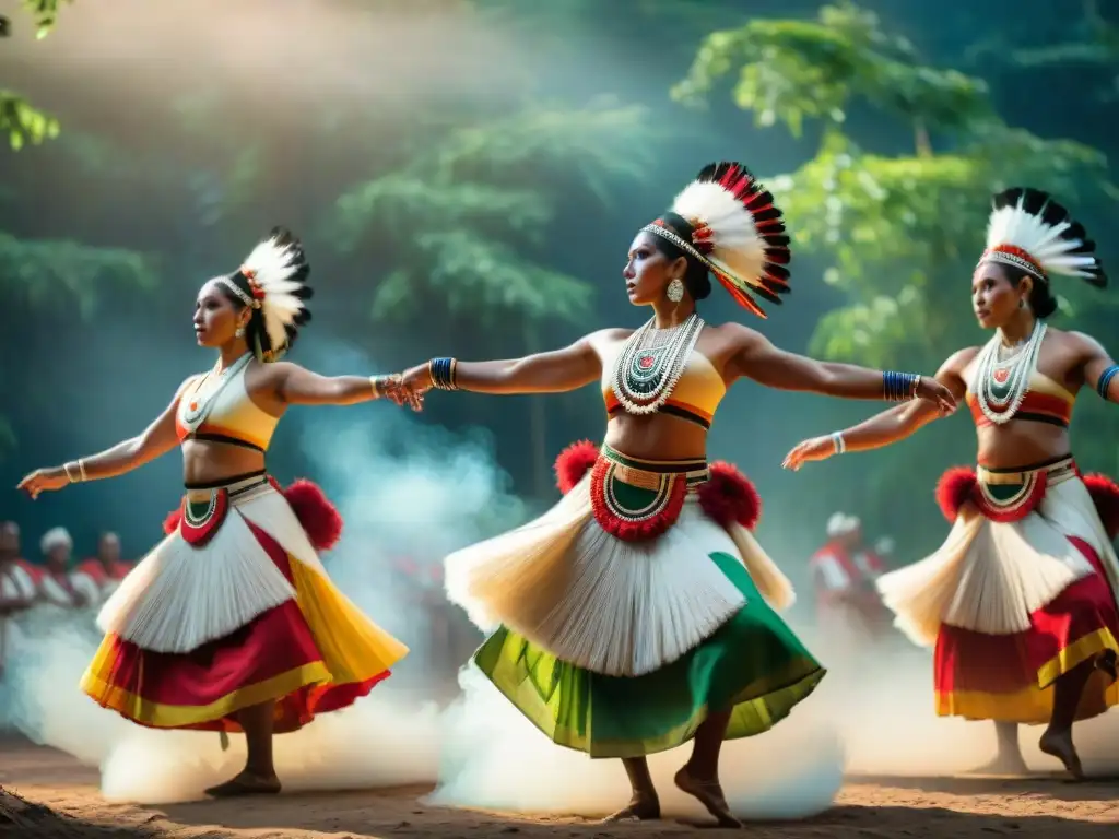 Danzas indígenas resistencia colonización: Grupo de bailarines en trajes tradicionales, danzando con orgullo en medio de un bosque exuberante