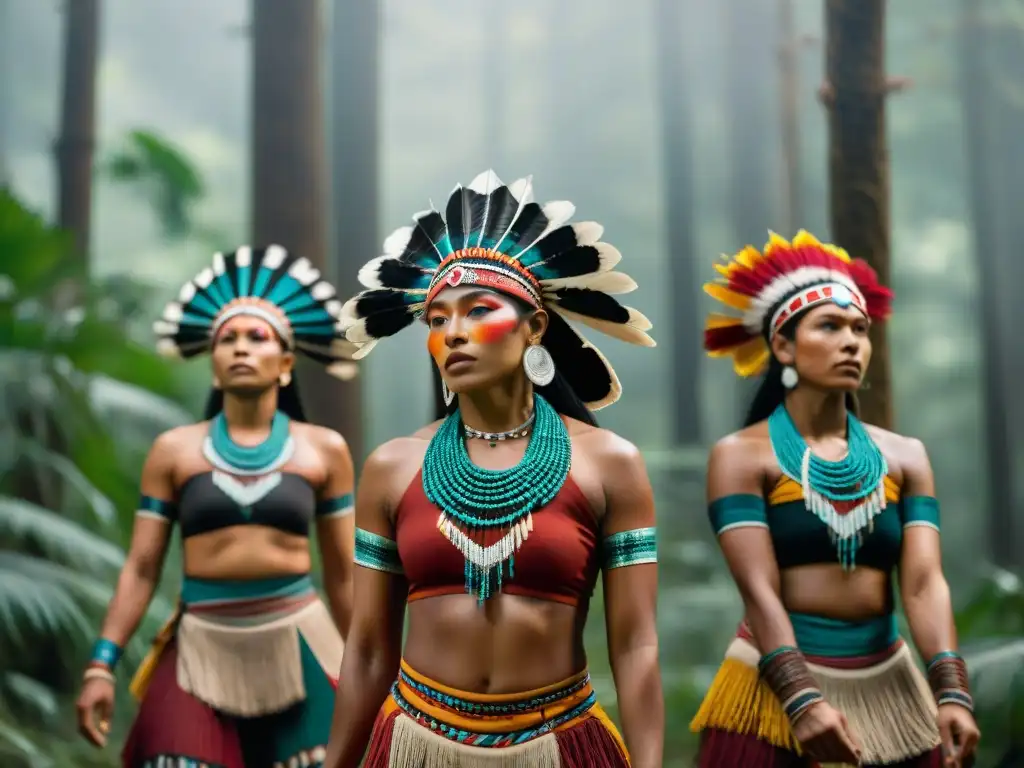 Danzas indígenas resistencia colonización: Grupo bailarines en trajes tradicionales, expresando gracia y orgullo en medio de la naturaleza exuberante