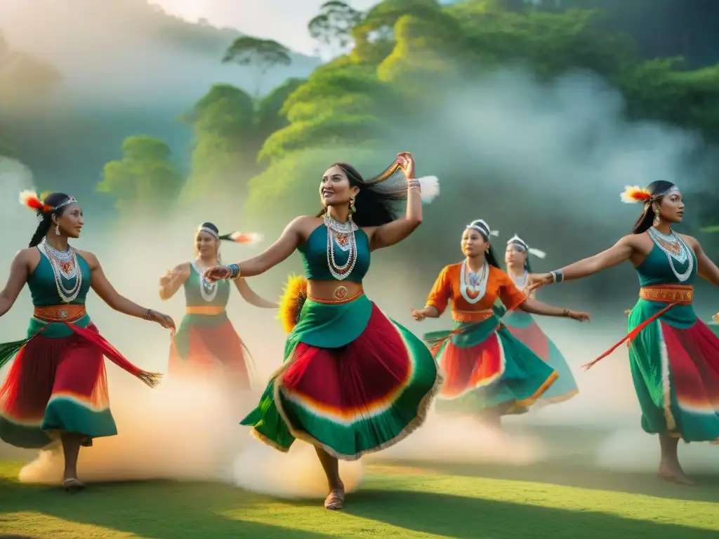 Danzas tradicionales indígenas de cosecha en un claro soleado rodeado de vegetación exuberante, expresando conexión y tradición