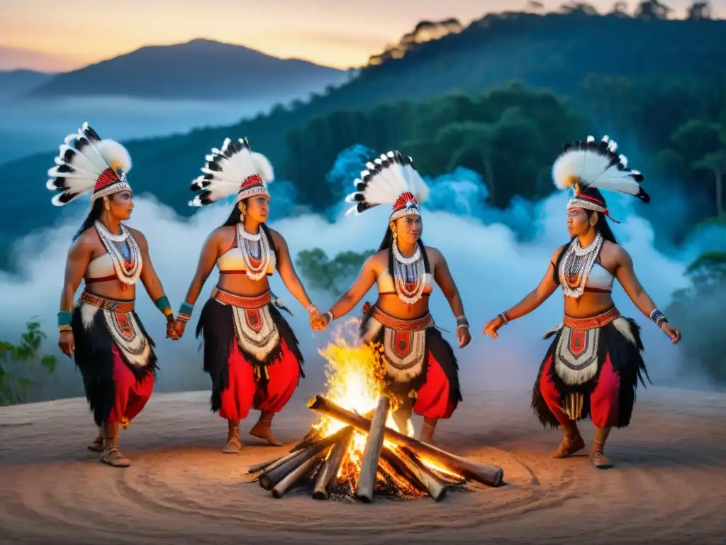 Celebración de danzas tradicionales indígenas alrededor de una fogata en la noche estrellada