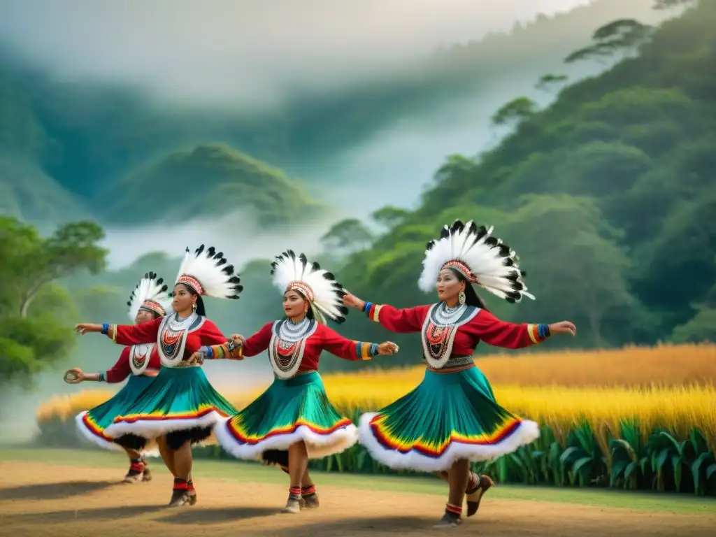 Danzas tradicionales indígenas cosecha: Grupo de bailarines en atuendos coloridos y plumas, ejecutando una danza animada en un claro soleado rodeado de exuberante vegetación