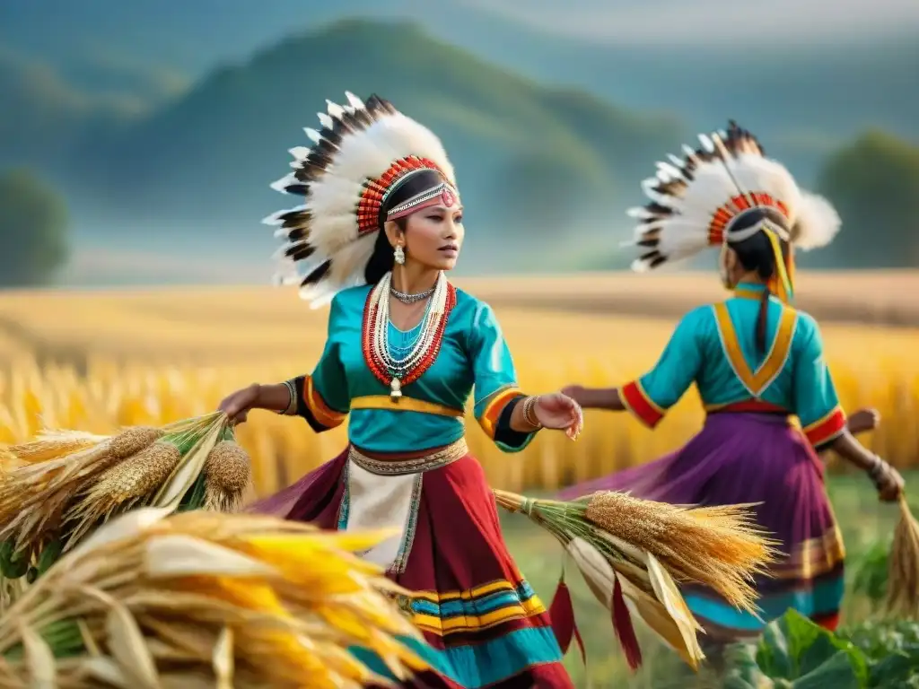 Danzas tradicionales indígenas cosecha: Grupo de bailarines nativos danzando en un campo de cosecha, con trajes vibrantes y movimientos congelados