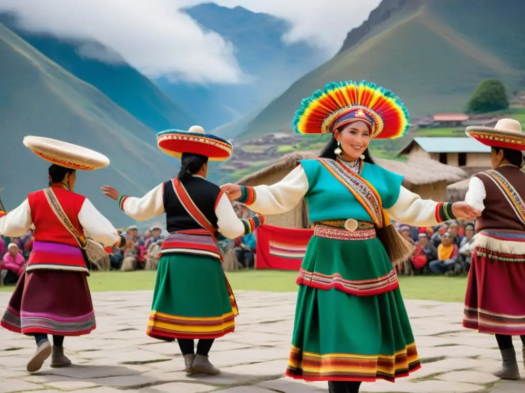 Danzas tradicionales pueblos indígenas: Colorida danza andina en plaza rural, espectadores emocionados, montañas nevadas de fondo