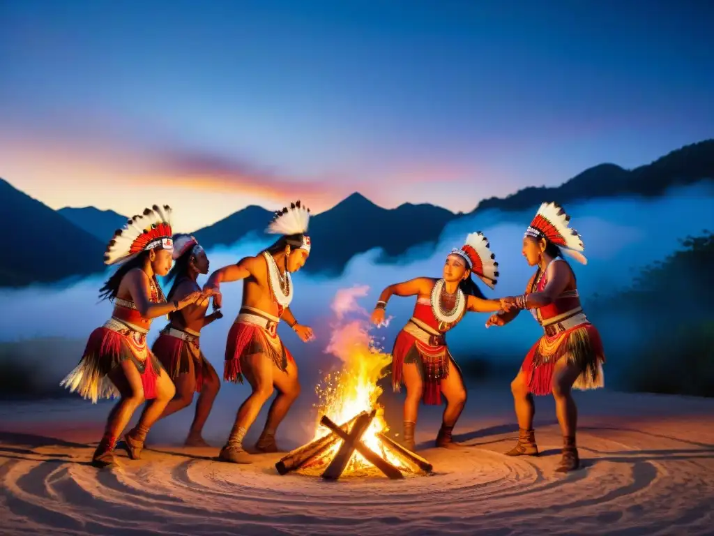 Danzas tradicionales de pueblos indígenas bailando alrededor de fogata bajo el cielo estrellado