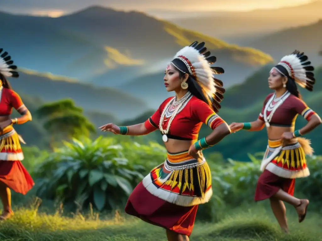 Danzas tradicionales de pueblos indígenas: grupo de bailarines en atuendos vibrantes, conectando espiritualmente al atardecer en la selva