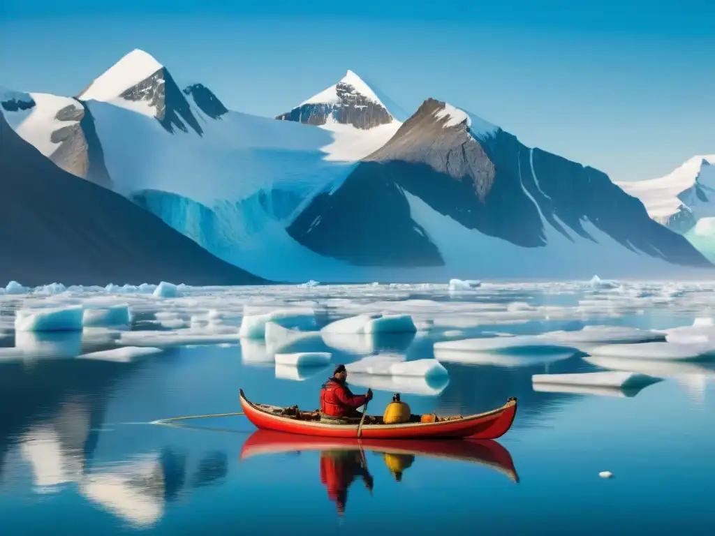 Derechos de pesca de los Inuit: pescador inuit contempla paisaje ártico con kayak y ballenas, mostrando conexión con la naturaleza