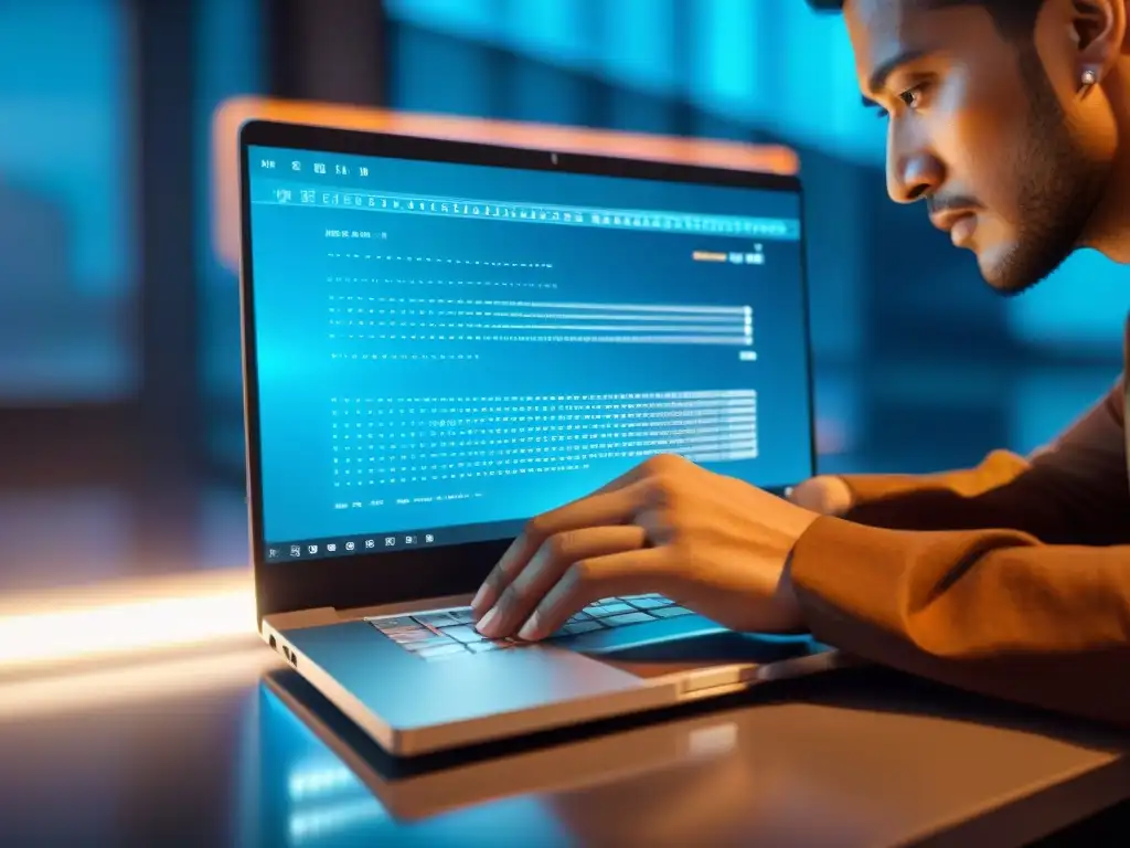 Un desarrollador indígena teclea código en una laptop, fusionando tradición y tecnología