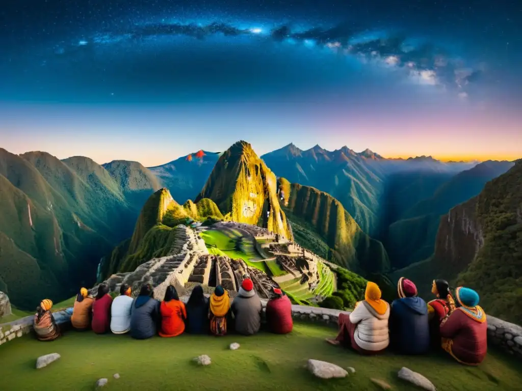 Descendientes incas junto a observatorio astronómico, con Machu Picchu al fondo bajo cielo estrellado