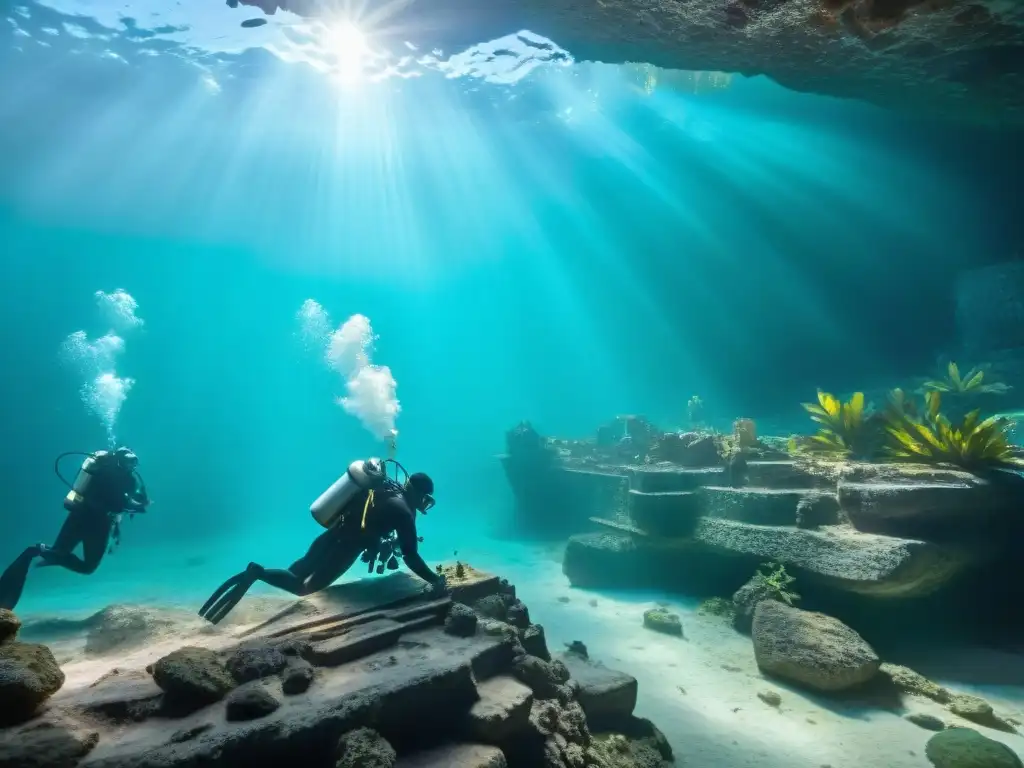 Descubrimientos arqueológicos en aguas mayas: arqueólogos submarinos exploran artefactos mayas en cenote iluminado por la luz del sol