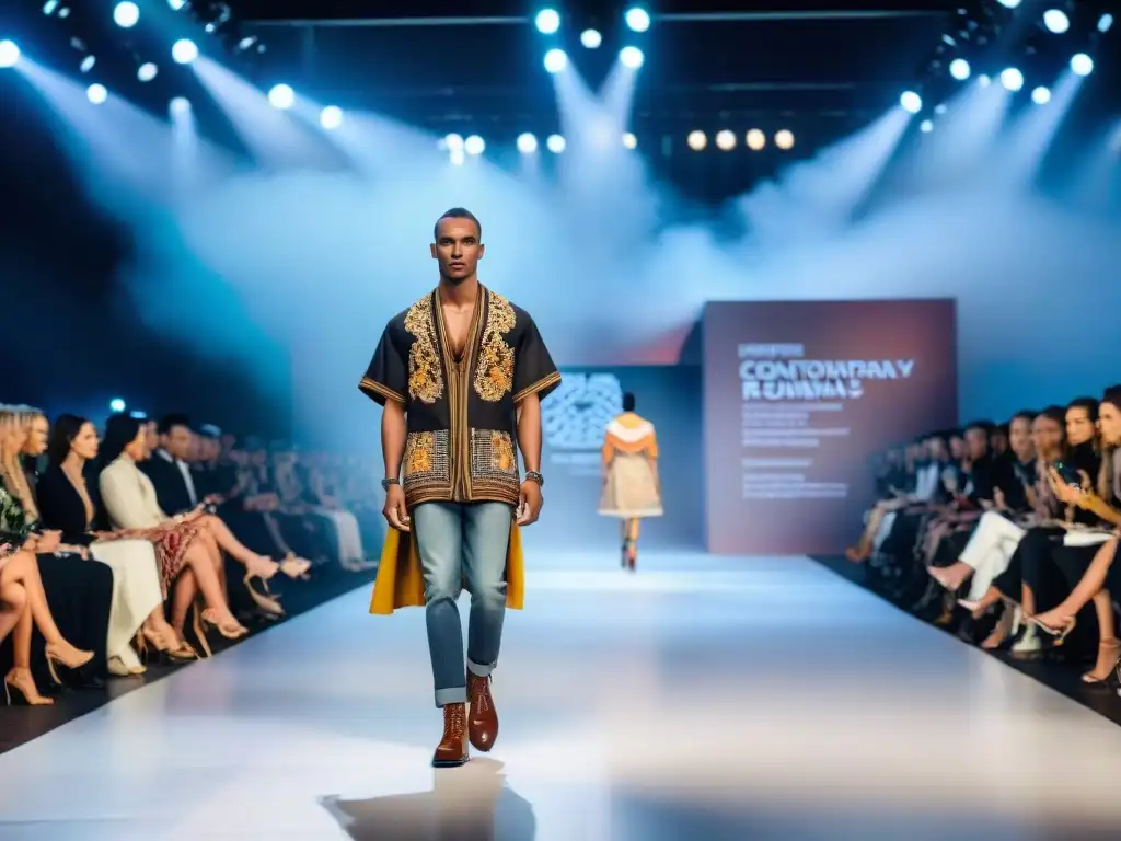 Desfile de moda con diseño de símbolos indígenas y moda contemporánea en escenario urbano