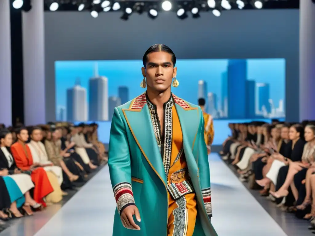 Desfile de moda indígena con expresión contemporánea en escenario urbano, fusionando tradición y modernidad