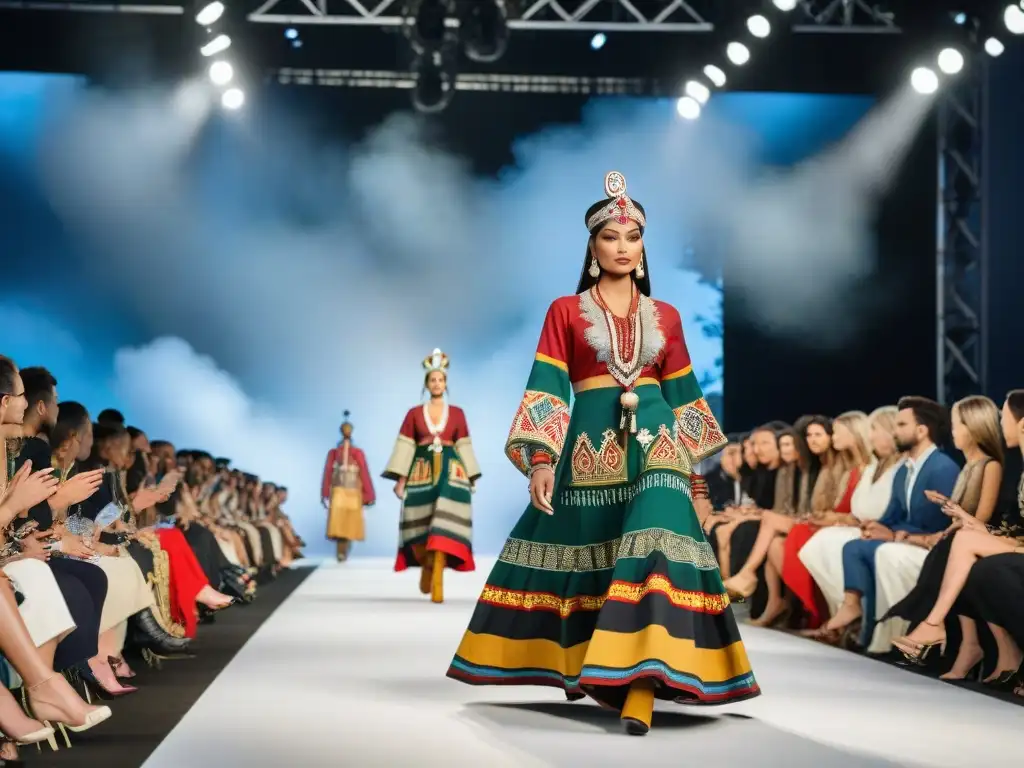 Desfile de moda indígena en pasarela internacional con fusión de tradición y diseño innovador