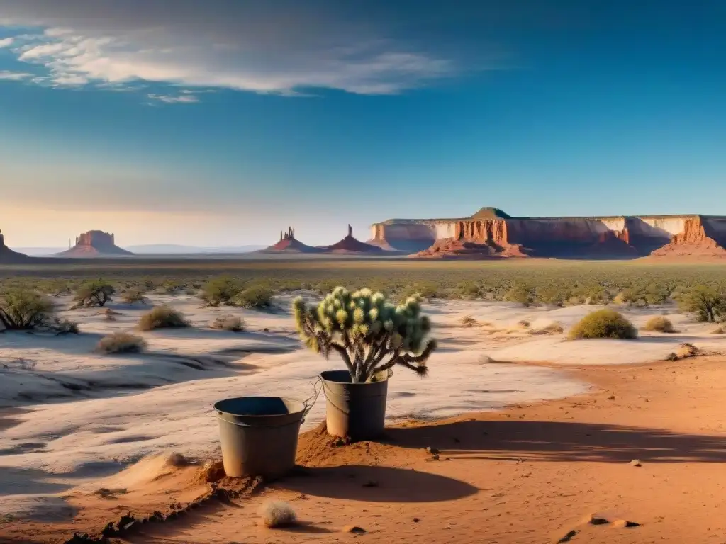 Desolado paisaje desértico en reserva Navajo, con planta marchita y gente llevando agua, escasez agua reservas Navajo soluciones