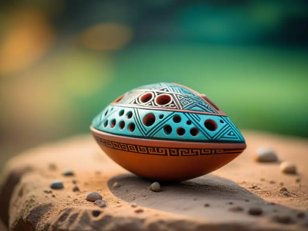 Detallada ocarina de arcilla mesoamericana con patrones geométricos, reflejando los aerófonos indígenas en Mesoamérica