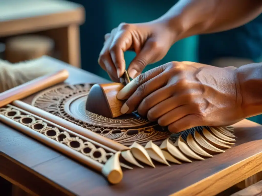 Detallada artesanía de un instrumento indígena por un hábil artesano, destacando la dedicación y destreza