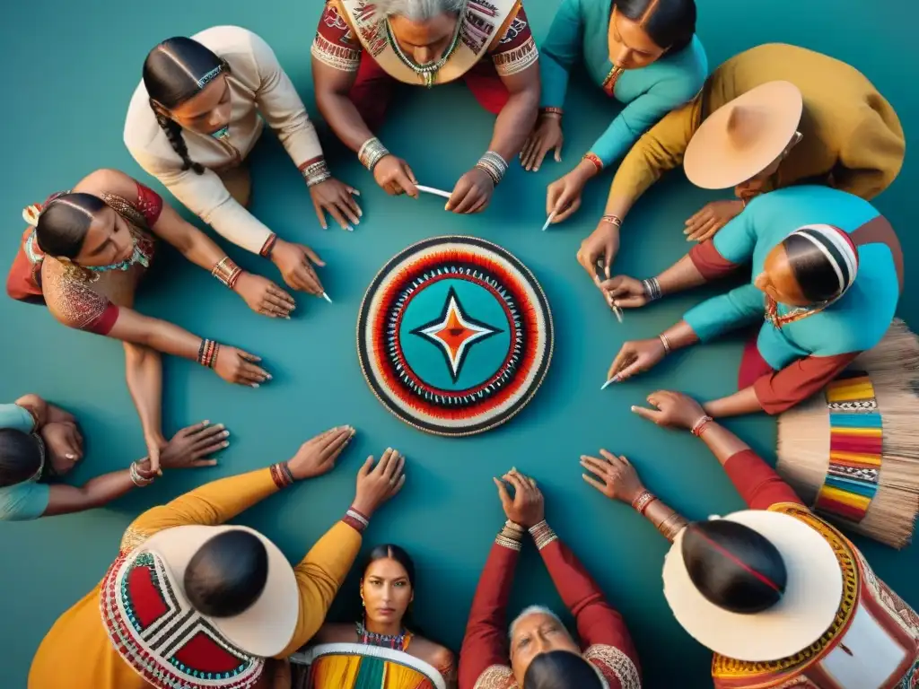 Una representación detallada de artistas indígenas de diversas tribus del mundo, mostrando su arte tradicional en tablets