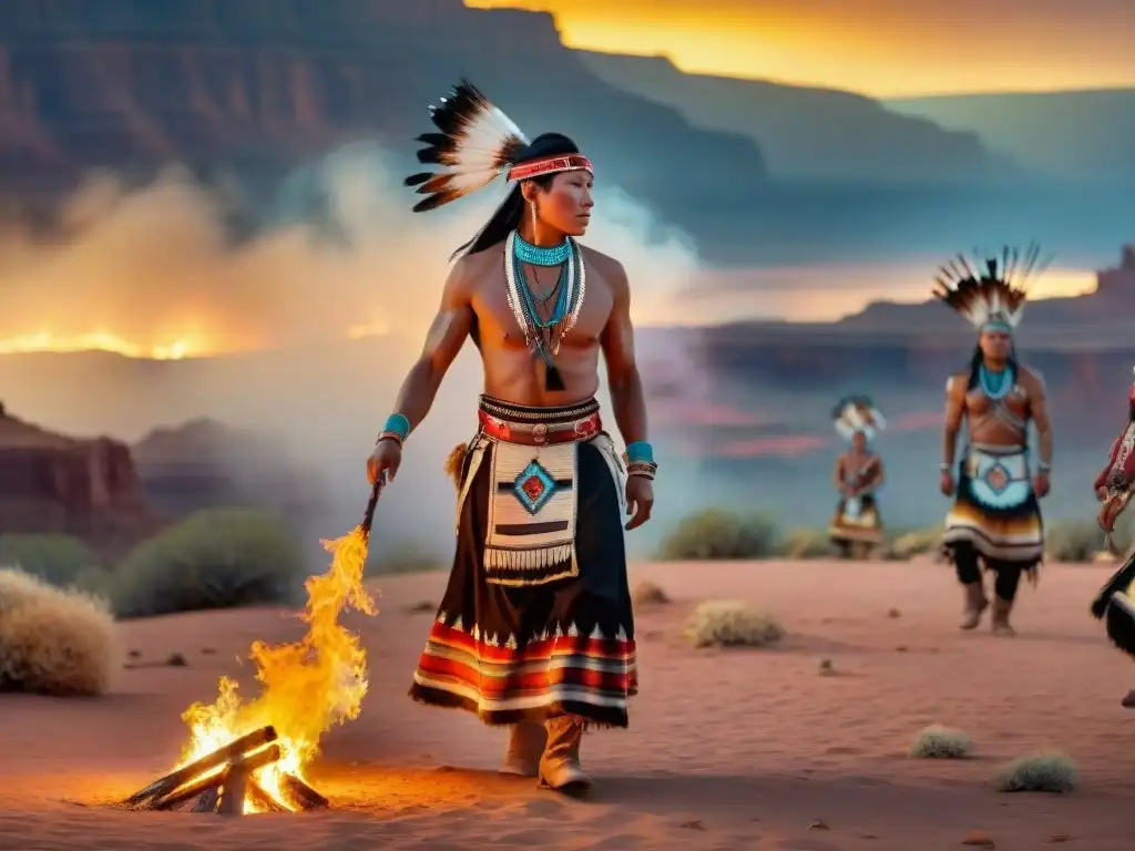 Fotografía detallada en 8k de la Danza del Fuego en culturas indígenas Navajo al anochecer, con vestimenta tradicional iluminada por llamas