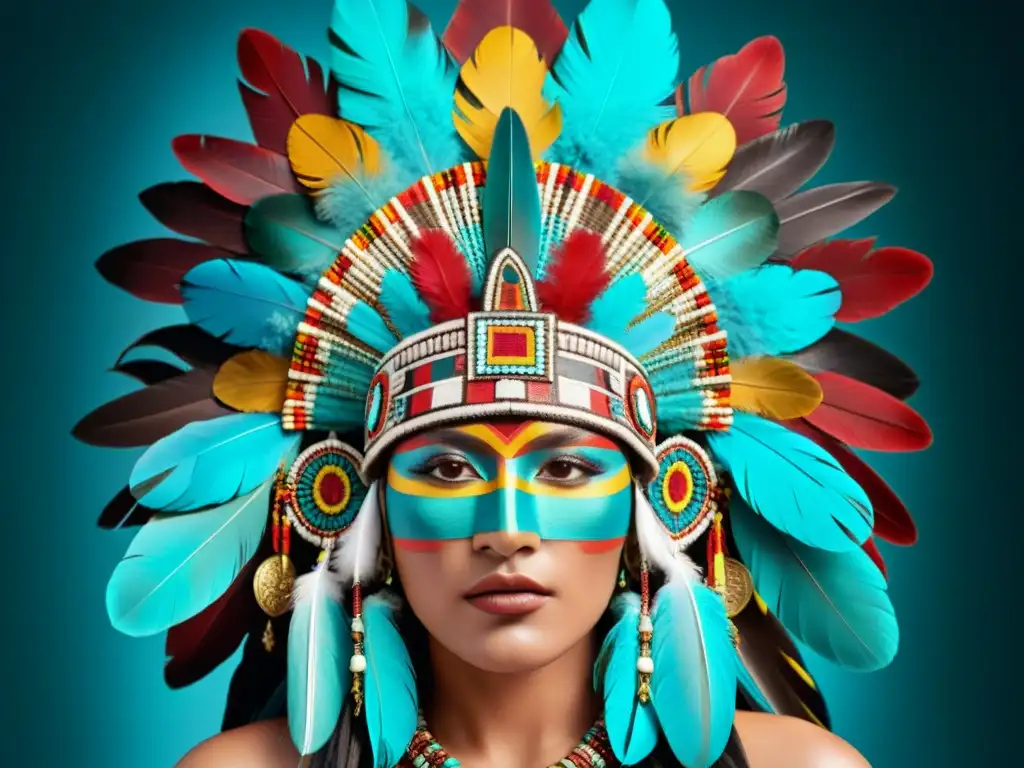 Detallada diadema azteca con plumas vibrantes en tonos turquesa, oro y carmesí, simbolizando poder y espiritualidad